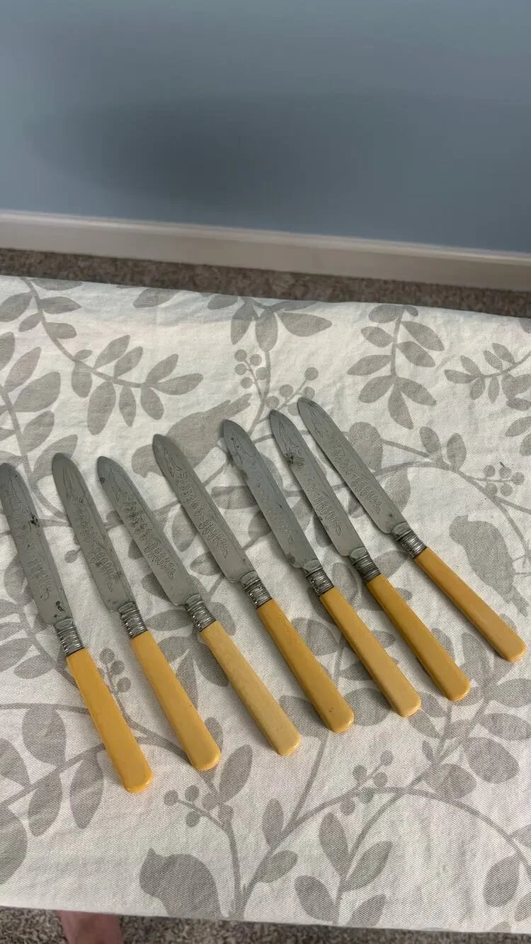 Vintage Nodder Osminium AF Dinner Knives Set of 7 Cream Faux Bone Handles
